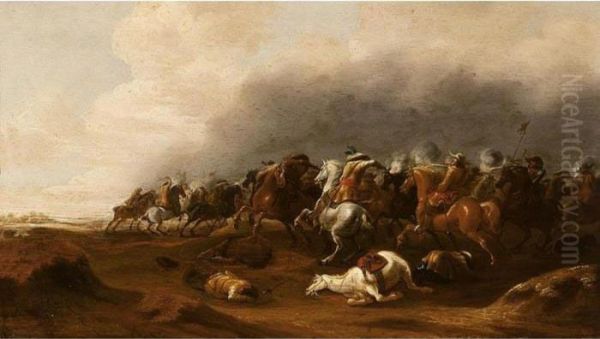 A Cavalry Skirmish Oil Painting by Jan Jacobsz. Van Der Stoffe