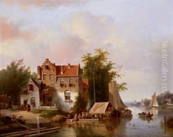 Grande Paesaggio Fluviale Con Pescatori Oil Painting by Jacobus Van Der Stok