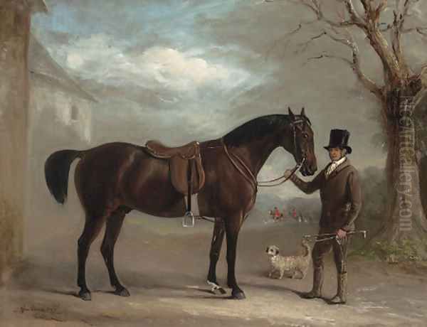 A bay hunter held by a groom, with a dandie dinmont, outside a stable, huntsmen and hounds beyond Oil Painting by John Jnr. Ferneley