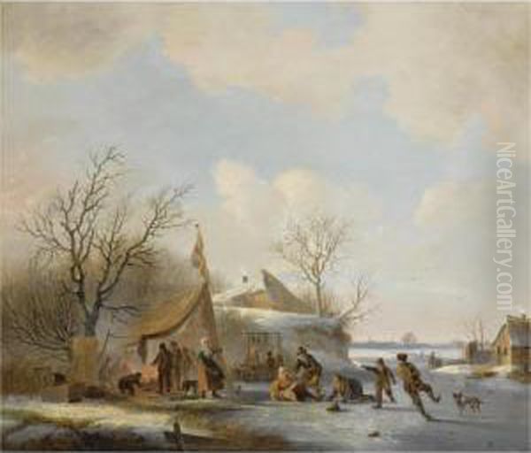 Figures On The Ice Near A 'koek En Zopie' Oil Painting by Jacobus Van Der Stok