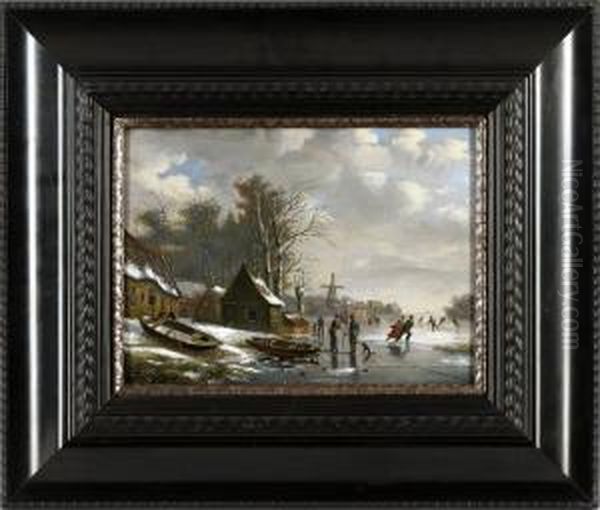 Eisvergnugen Auf Einem Zugefrorenen Flus Oil Painting by Jacobus Van Der Stok