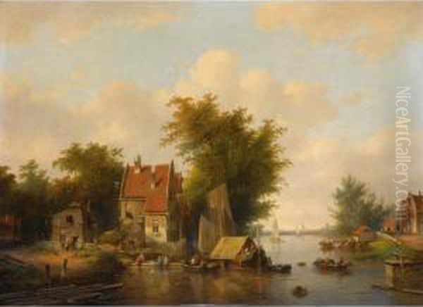 A River Landscape With Many Figures By A Village Oil Painting by Jacobus Van Der Stok