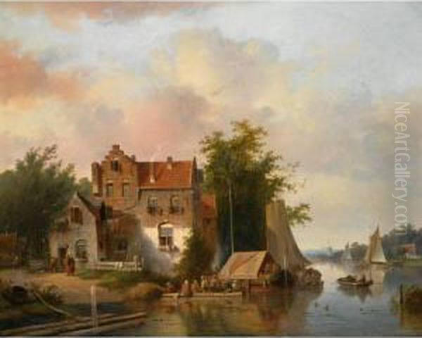 Many Figures Near A Village In A River Landscape Oil Painting by Jacobus Van Der Stok