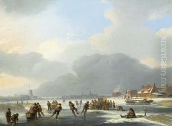 Winterlandschaft Mit Figuren. Oil Painting by Jacobus Van Der Stok