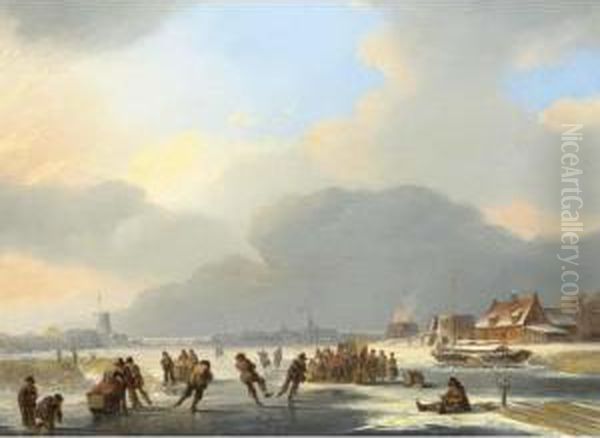 A Winter Landscape With Figures Near A 'koek En Zopie' Oil Painting by Jacobus Van Der Stok