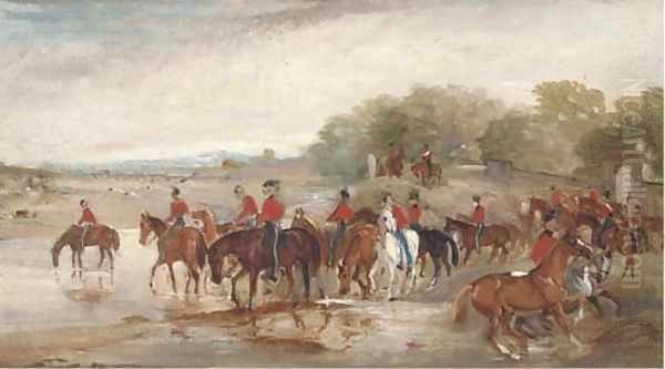 Officers watering their horses at a river Oil Painting by John Jnr. Ferneley