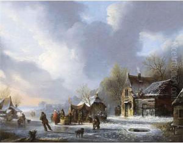 Skaters On A Frozen River Near A 'koek En Zopie' Oil Painting by Jacobus Van Der Stok