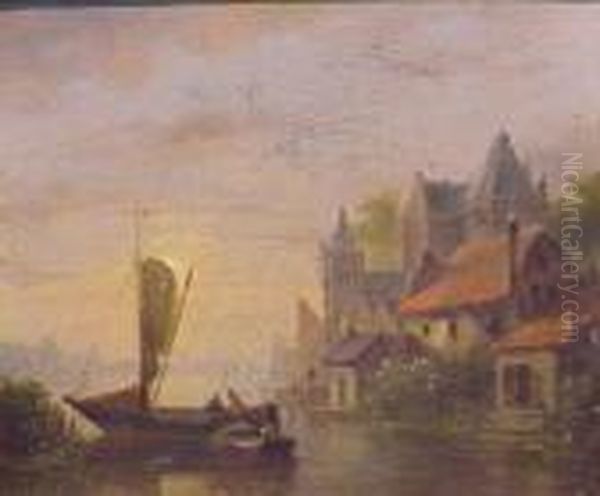 Village At The Water's Edge Oil Painting by Jacobus Van Der Stok