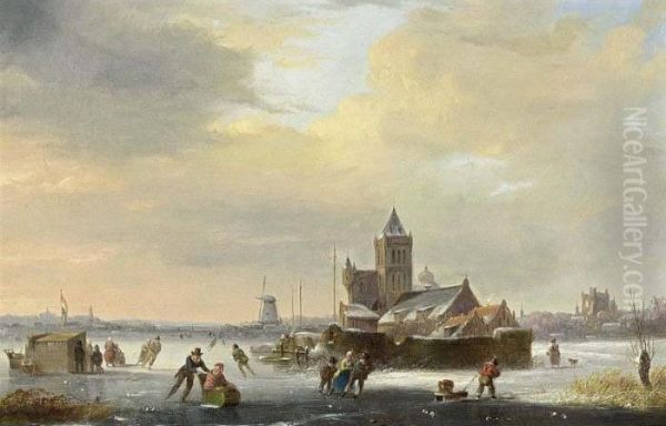 A Winter Landscape With Skaters On A Frozen River Oil Painting by Jacobus Van Der Stok