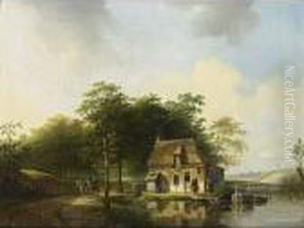 A River Landscape With Figures Near A Cottage Oil Painting by Jacobus Van Der Stok