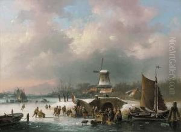 A Frozen River Scene Oil Painting by Jacobus Van Der Stok