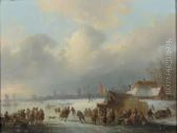 A Frozen Waterway With Skaters And Townsfolk Gathered Around A Koeken Zopie Oil Painting by Jacobus Van Der Stok