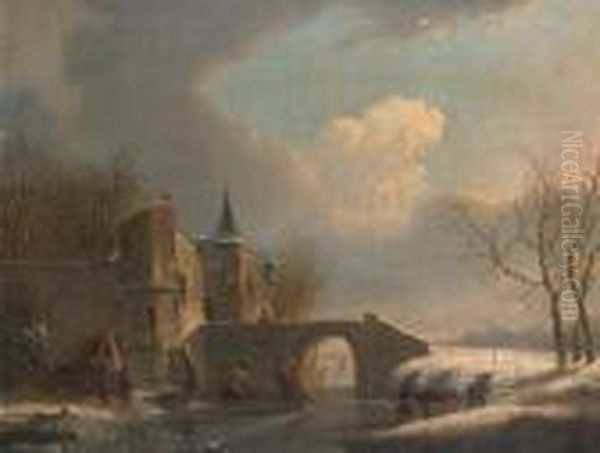 Skaters On The Ice; A Summer Landscape Oil Painting by Jacobus Van Der Stok