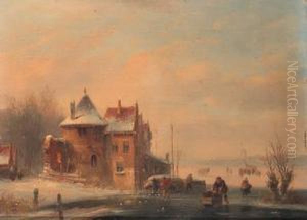 A Frozen Waterway With Skaters Passing A Fortified Mansion With Akoek En Zopie Beyond Oil Painting by Jacobus Van Der Stok