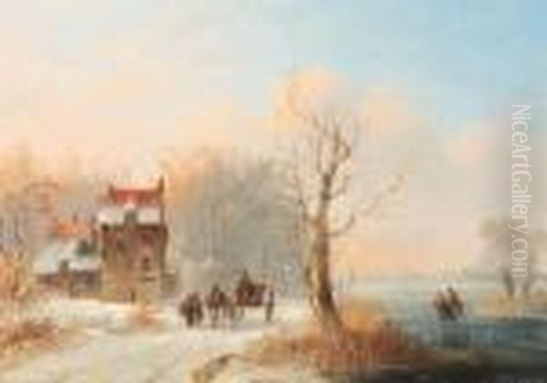 A Winter Landscape With Skaters 
On A Frozen Waterway And Ahorse-drawn Cart On A Snow-covered Track Oil Painting by Jacobus Van Der Stok