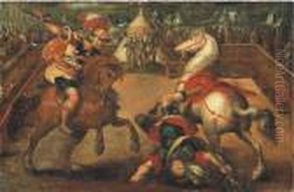 Two Knights Jousting, A Tent With The Medici Coat-of-armsbeyond Oil Painting by Jan van der Straet