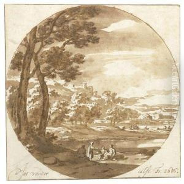 Figures Resting In An Italianate Landscape Oil Painting by Jacob Van Der Ulft