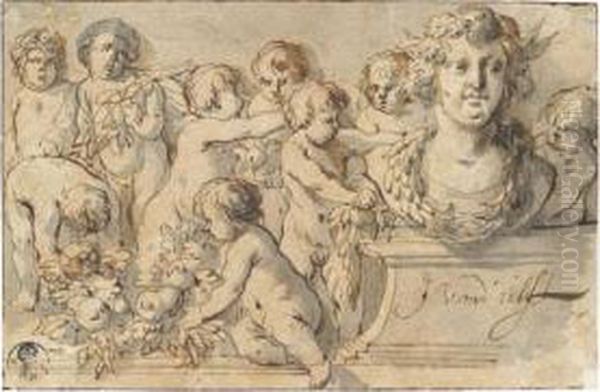 Putti Decorating A Portrait Bust On A Plinth With Garland Oil Painting by Jacob Van Der Ulft