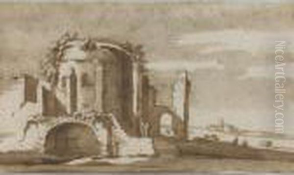 A Roman Ruin Oil Painting by Jacob Van Der Ulft