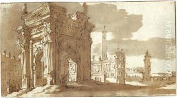 A Roman Fantasy With Ancient Buildings Including A Triumphal Arch Oil Painting by Jacob Van Der Ulft