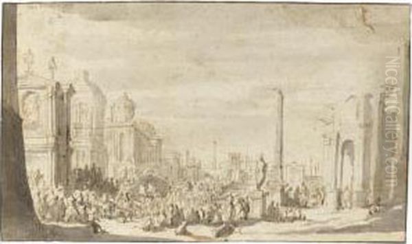 Recto: A Crowd Of Figures 
Gathered In The Roman Forum, An Obelisk And Triumphal Arch To The Left; 
Verso: Three Men In Discussion At The Base Of An Elaborate Column Oil Painting by Jacob Van Der Ulft