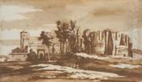 The Roman Campagna With A Villa,
 Ruins Of An Antique Building Andthree Figures In The Foreground Oil Painting by Jacob Van Der Ulft