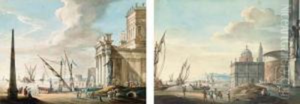 A Capriccio Of An Obelisk And A 
Classical Temple; And A Capriccio Of Ships Off A Classical Harbour Oil Painting by Jacob Van Der Ulft