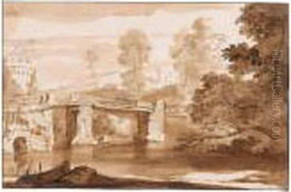 Wooded River Landscape With A Bridge, And Ruins Behind Oil Painting by Jacob Van Der Ulft