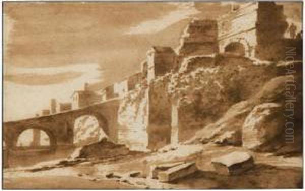 View Of The Walls Of An Italian Town, With Antique Ruins And A Bridge Oil Painting by Jacob Van Der Ulft