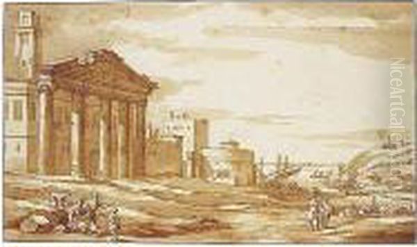 Capriccio With Peasants By Roman
 Ruins And Other Buildings, A Mediterranean Harbour Behind Oil Painting by Jacob Van Der Ulft