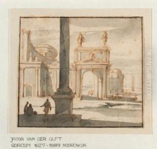 A Roman Temple With Figures By A Column In The Foreground Oil Painting by Jacob Van Der Ulft