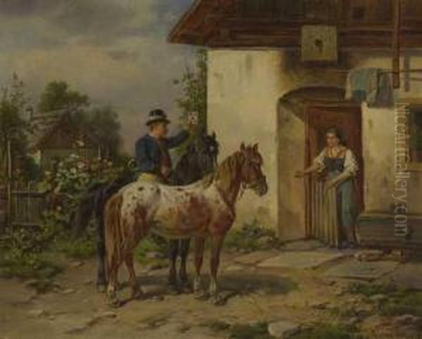 Der Postillon Uberbringt Der Bauerin Einen Brief. Oil Painting by Adolf van der Venne