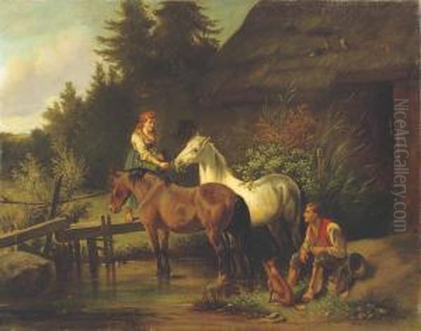 Feeding The Horses Oil Painting by Adolf van der Venne