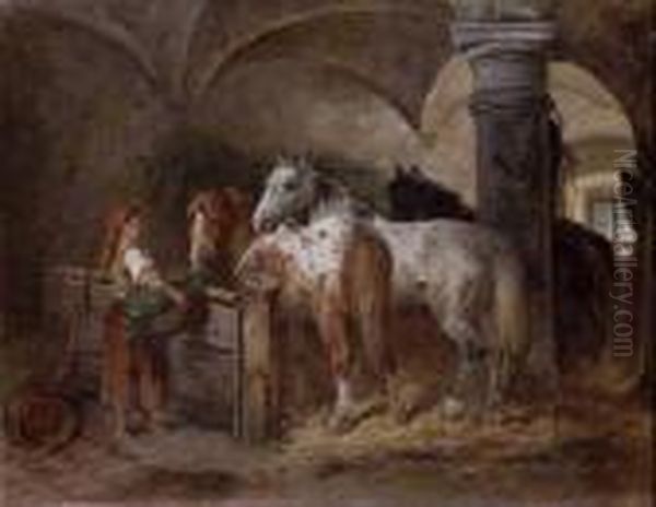 Im Pferdestall. Oil Painting by Adolf van der Venne