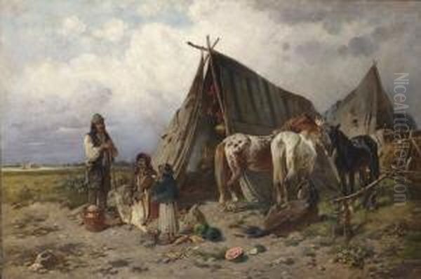 Zigeunerlager In Der
 Puszta. Oil Painting by Adolf van der Venne