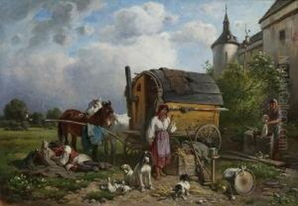 Zigeuner Vor Der Stadt. Oil Painting by Adolf van der Venne