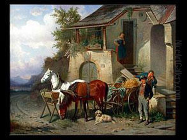 Pferdegespann Vor Einem Gasthof Oil Painting by Adolf van der Venne