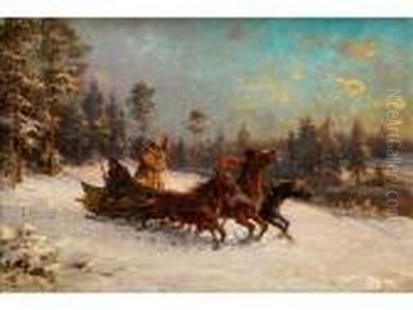 Troika In Russischer Winterlandschaft Mit Zwei Jagern Im Schlitten Oil Painting by Fritz van der Venne