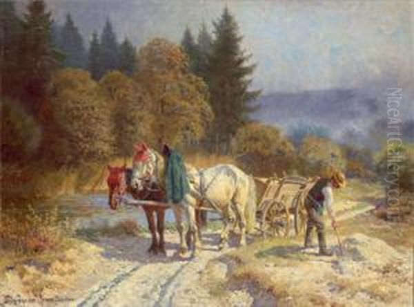 Pferdefuhrwerk Am Uferweg Oil Painting by Fritz van der Venne