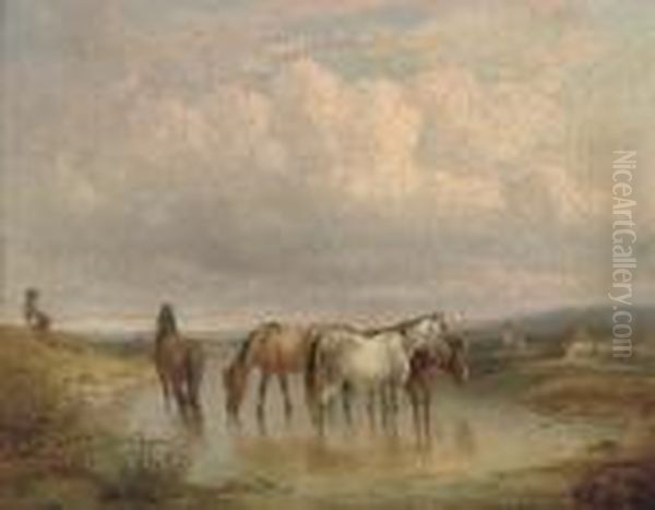 Ponies Watering In An Extensive Landscape Oil Painting by Fritz van der Venne