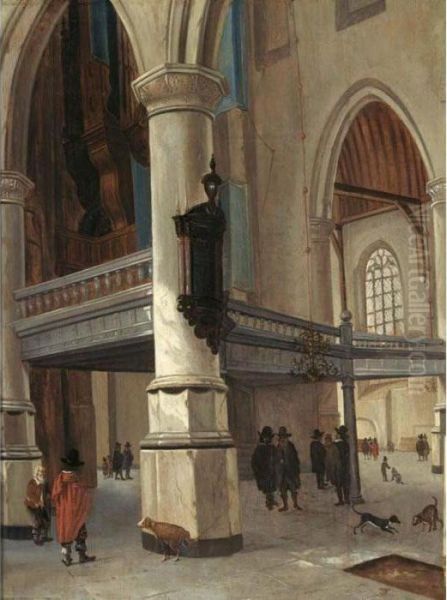 A Church Interior With Figures And Dogs Oil Painting by Hendrick Van Vliet