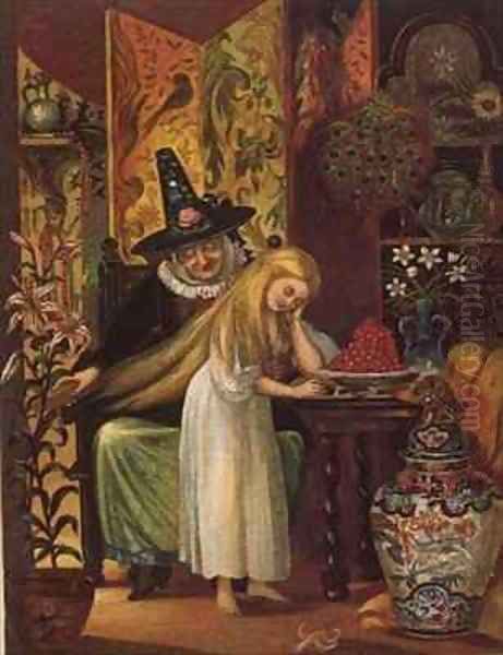 The Old Witch combing Gerdas hair with a golden comb to cause her to forget her friend in 'The Snow Queen from Hans Christian Andersens Fairy Tales Oil Painting by Lorens Frolich