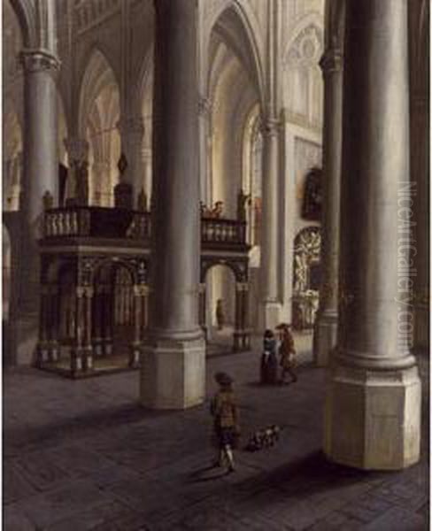 A Church Interior With Elegant Figures Together With A Dog, And Figures Playing Music Oil Painting by Hendrick Van Vliet