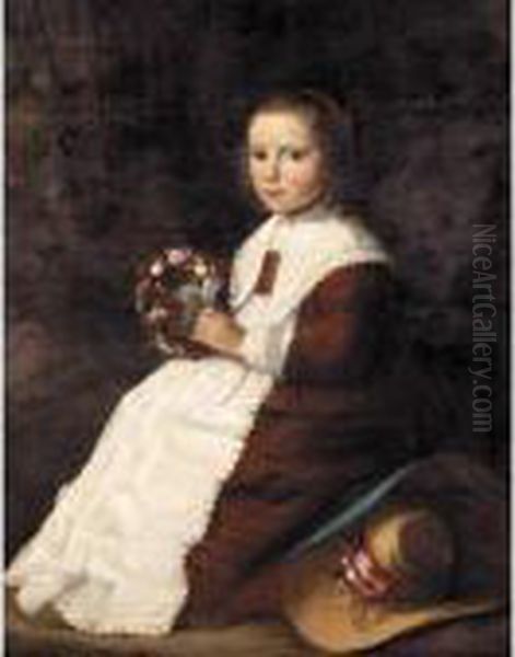 Portrait Of A Young Girl, Full 
Length, Seated In A Landscape, Wearing A Brown Dress And Holding A 
Garland Of Flowers Oil Painting by Hendrick Van Vliet