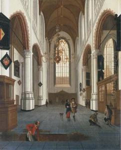 The Oude Kerk In Delft With A Grave Digger In The Foreground Oil Painting by Hendrick Van Vliet