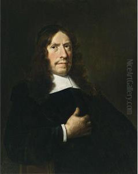 A Portrait Of A Cleric, Aged 65,
 Seated Half Length, Wearing A Black Coat With A White Collar And 
Sleeves And A Black Cap Oil Painting by Hendrick Van Vliet