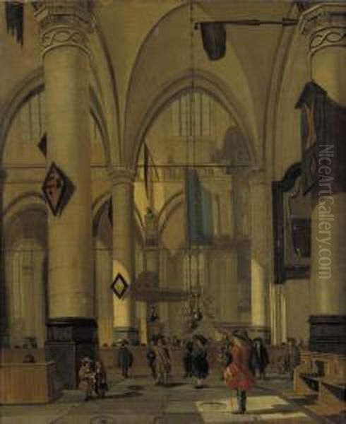 A View In A Gothic Church With Elegant Townsfolk Oil Painting by Hendrick Van Vliet