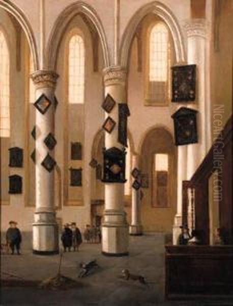 A View In The Oude Kerk, Delft, 
Looking East From The Northernaisle, With Townsfolk Near An Open Grave Oil Painting by Hendrick Van Vliet