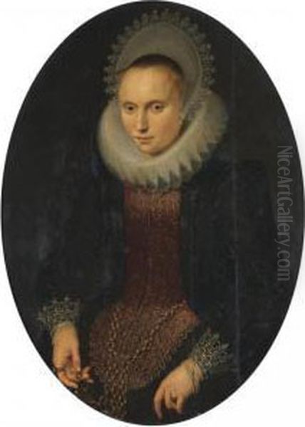 Portrait Of A Lady, Half-length,
 Wearing A Red And Black Richly Embroidered Jacket, A White Ruff And A 
White Headdress Oil Painting by Cornelis van der Voort