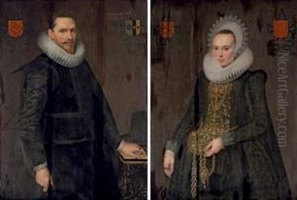 Portrait Of Adriaen De Kies Van 
Wiessen (1582-1664), Three-quarter-length, In A Black Doublet With A 
White Lace Ruff, Standing By A Table; And Portrait Of Justina Van 
Teylingen (1596-1643), Wife Of Adriaen De Kies Van Wissen, 
Three-quarter-length Oil Painting by Cornelis van der Voort